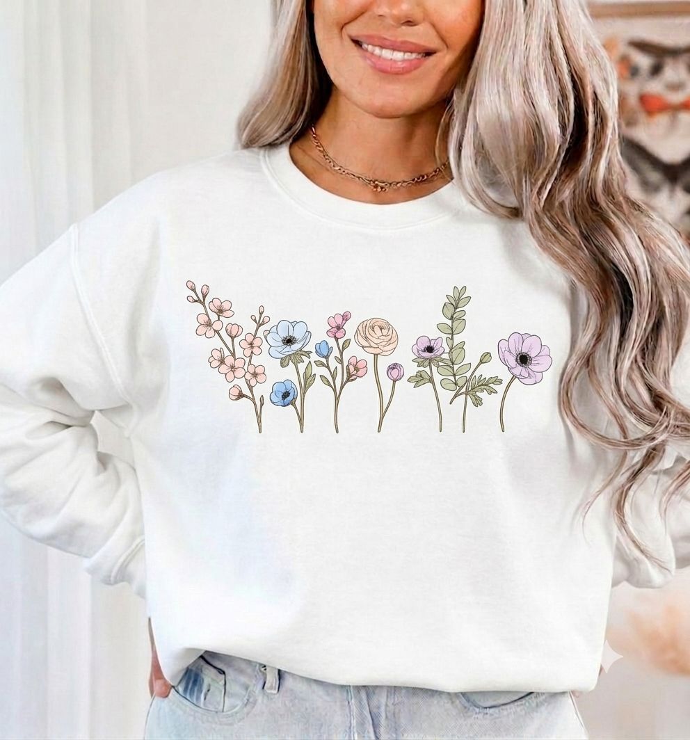 Floral Watercolor Crewneck Sweatshirt — Embroidered Meadow Design