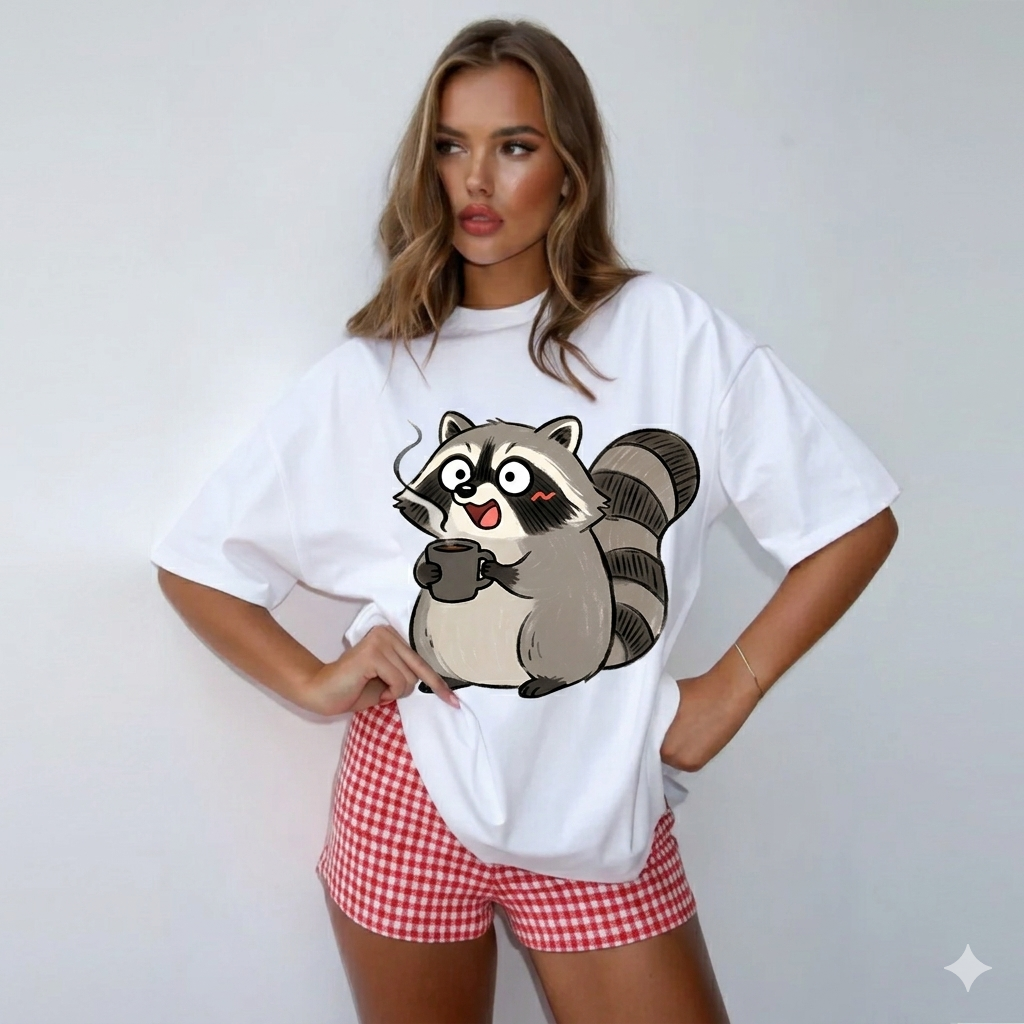 Cute Coffee Raccoon Cartoon T-Shirt — Cute Animal Graphic Tee
