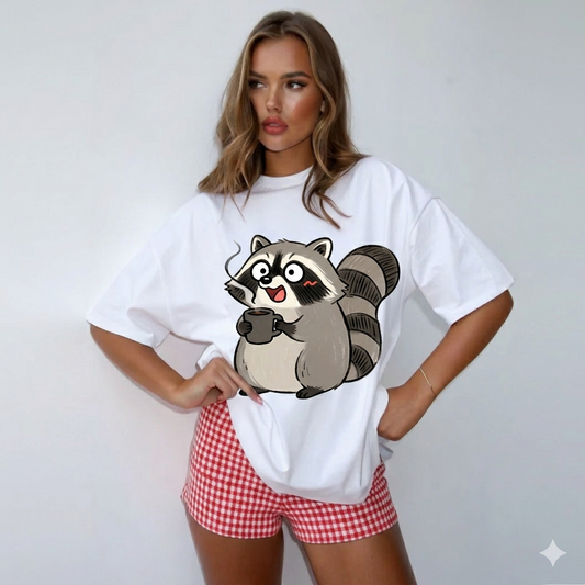 Cute Coffee Raccoon Cartoon T-Shirt — Cute Animal Graphic Tee