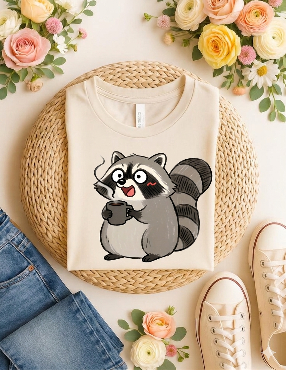 Cute Coffee Raccoon Cartoon T-Shirt — Cute Animal Graphic Tee