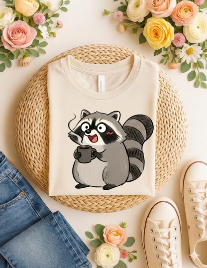 Cute Coffee Raccoon Cartoon T-Shirt — Cute Animal Graphic Tee