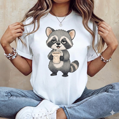 Cute Raccoon Holding Coffee T-Shirt — Adorable Coffee Lover Tee