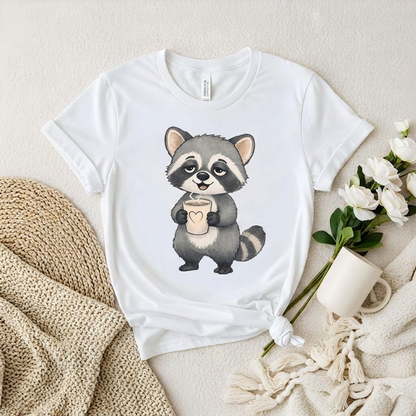 Cute Raccoon Holding Coffee T-Shirt — Adorable Coffee Lover Tee