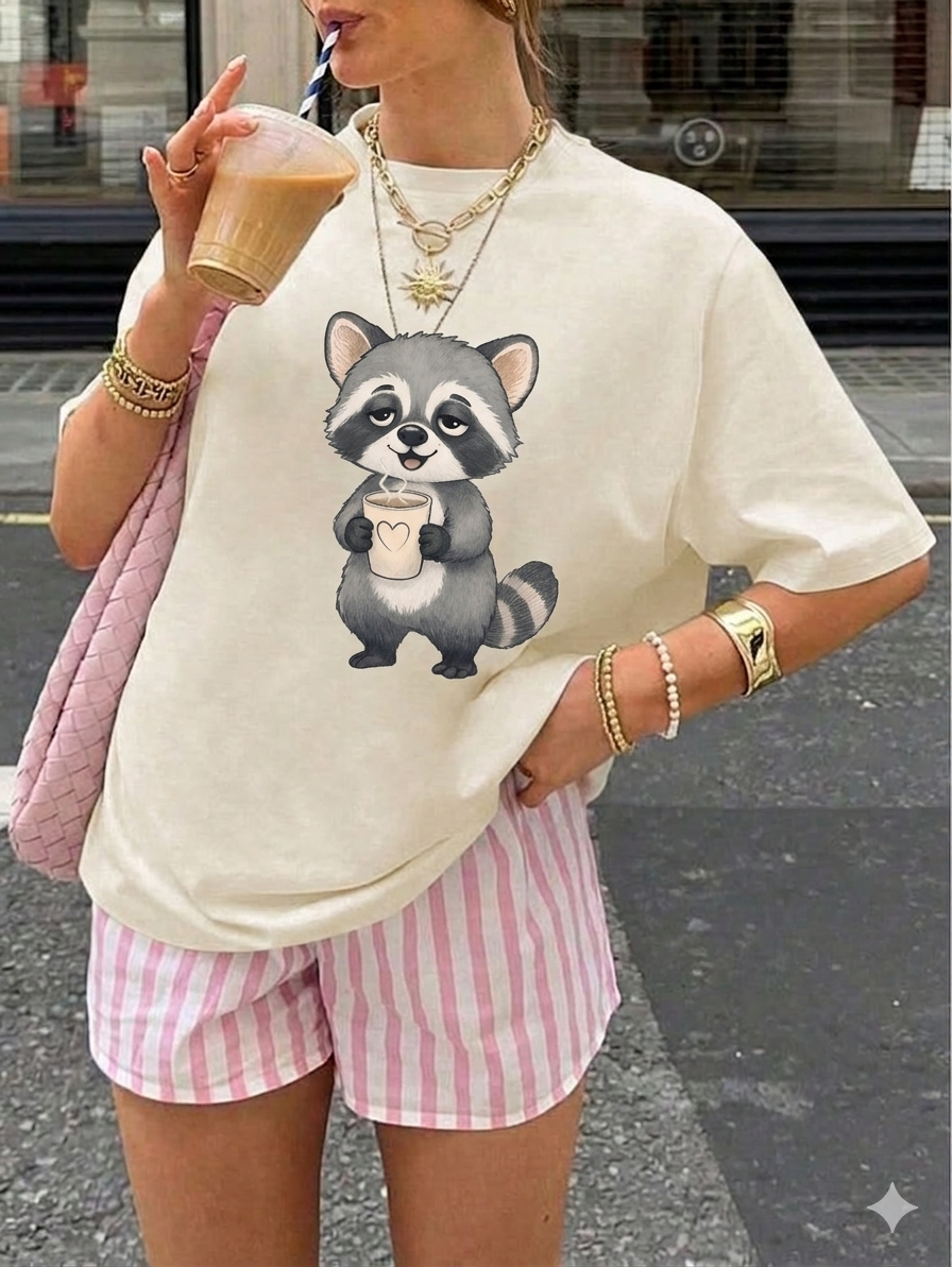 Cute Raccoon Holding Coffee T-Shirt — Adorable Coffee Lover Tee
