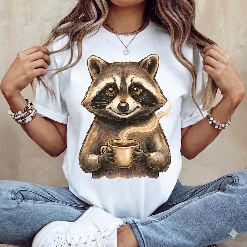 Raccoon Coffee Tee — Cute Woodland Raccoon Holding Mug Graphic T-Shirt