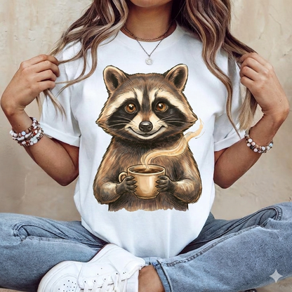 Raccoon Coffee Tee — Cute Woodland Raccoon Holding Mug Graphic T-Shirt
