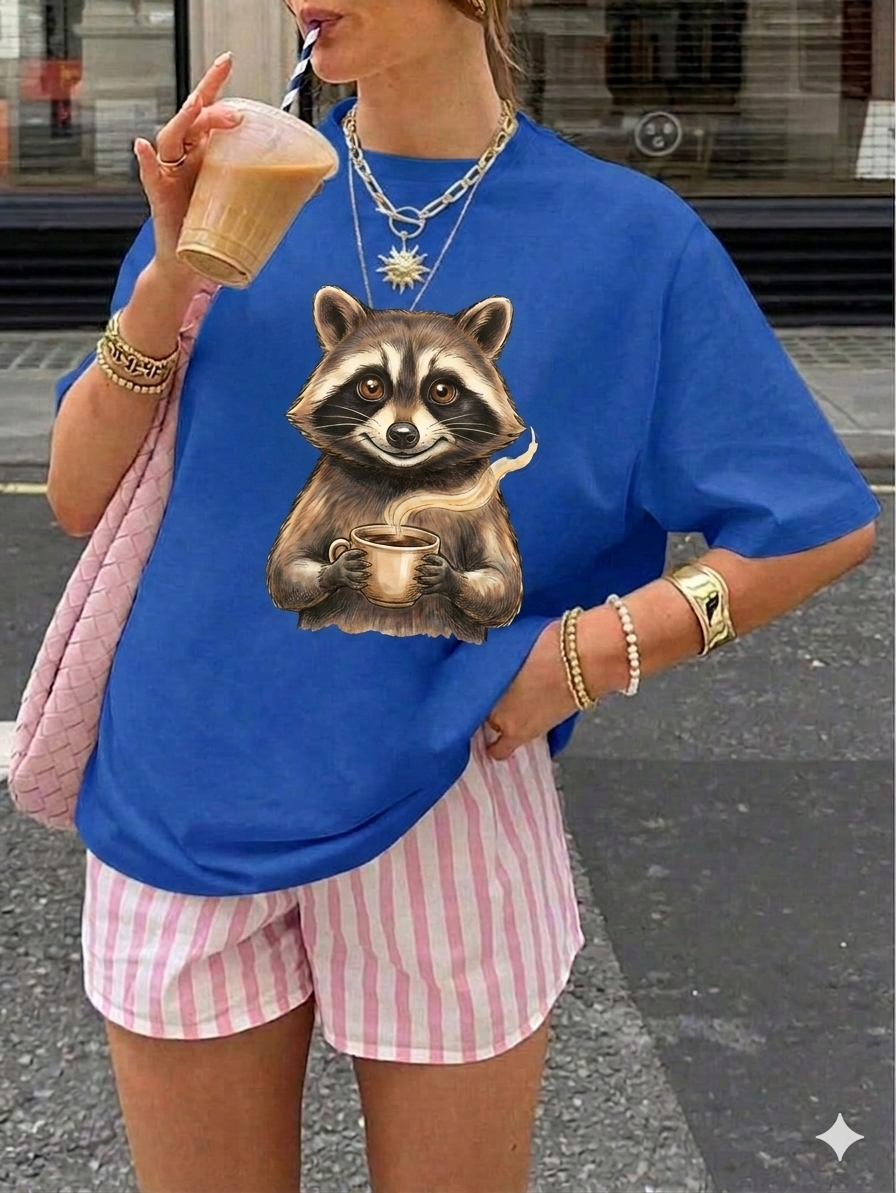 Raccoon Coffee Tee — Cute Woodland Raccoon Holding Mug Graphic T-Shirt