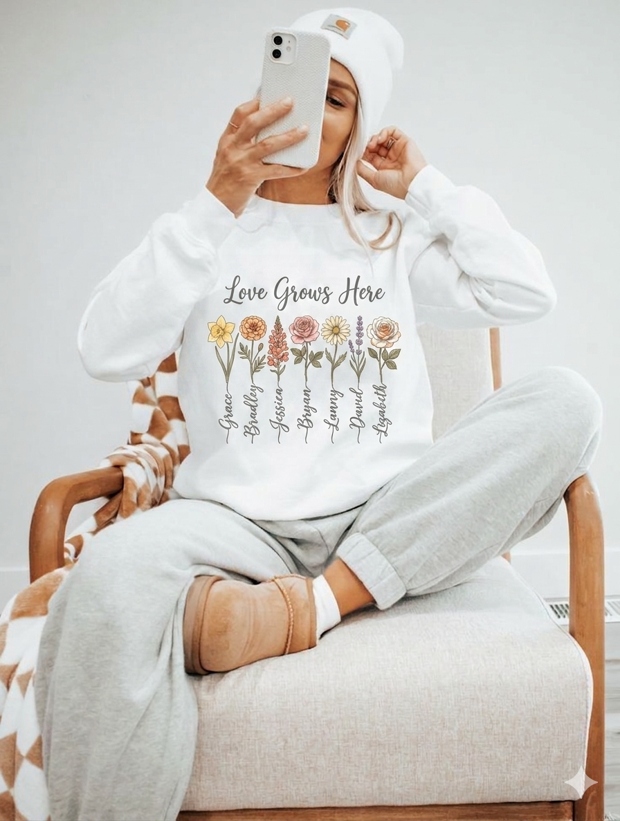 Love Grows Here Floral T-Shirt — Personalized Family Names Garden Tee