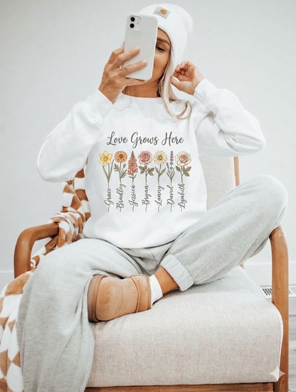 Love Grows Here Floral T-Shirt — Personalized Family Names Garden Tee