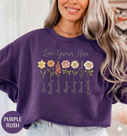 Love Grows Here Floral T-Shirt — Personalized Family Names Garden Tee