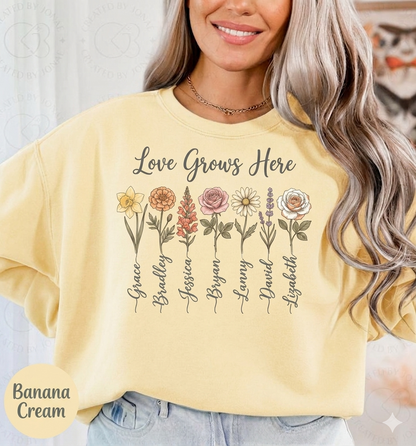 Love Grows Here Floral T-Shirt — Personalized Family Names Garden Tee