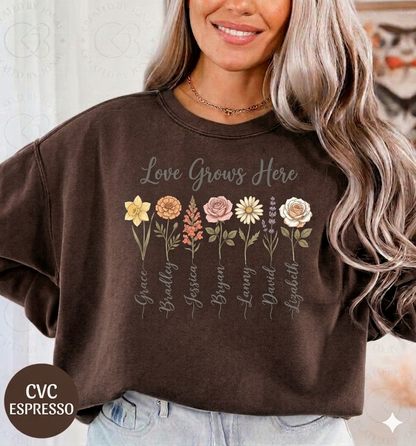 Love Grows Here Floral T-Shirt — Personalized Family Names Garden Tee