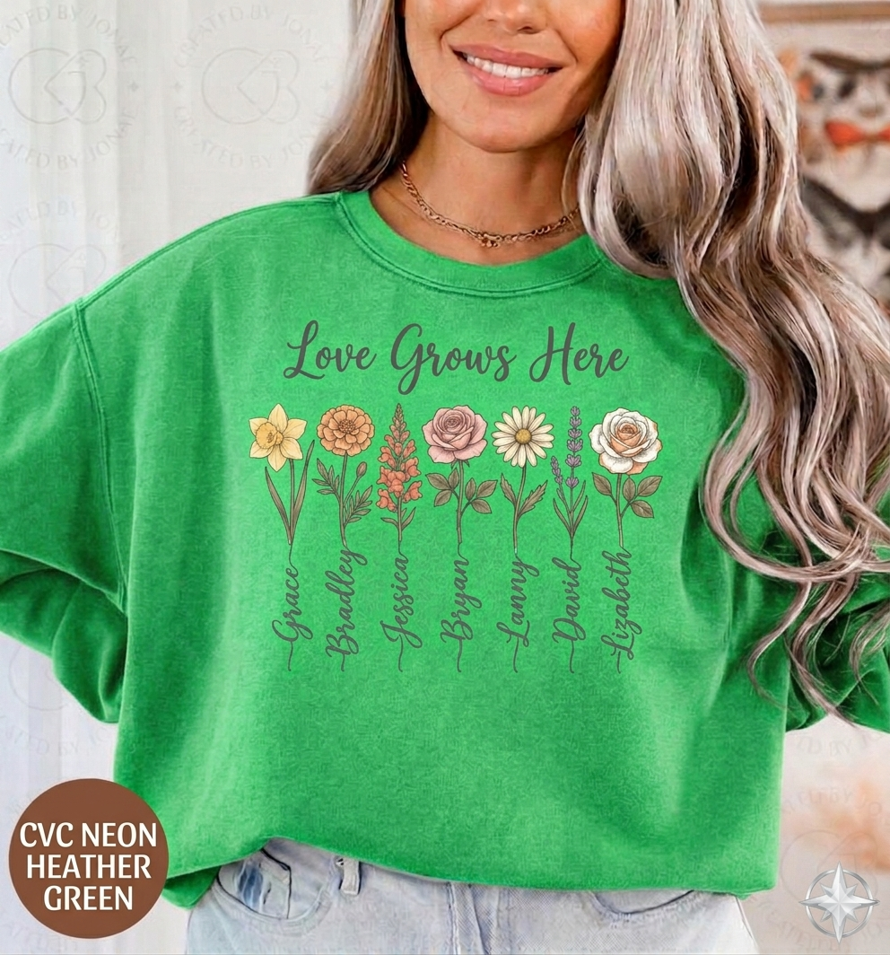 Love Grows Here Floral T-Shirt — Personalized Family Names Garden Tee