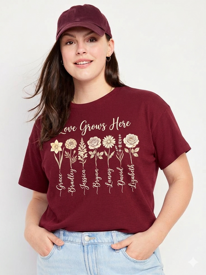 Love Grows Here Floral T-Shirt — Personalized Family Names Garden Tee