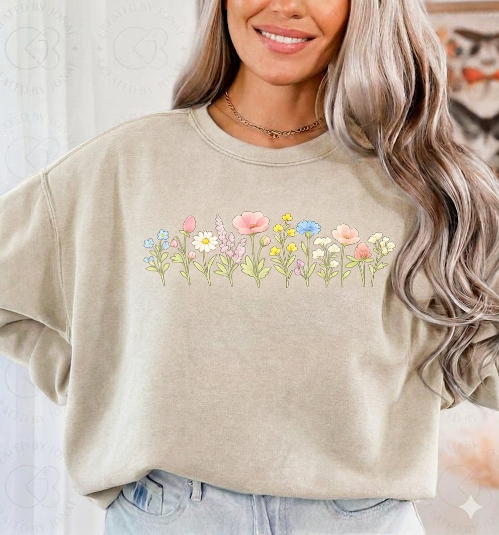 Floral Watercolor Tee — Delicate Wildflower Row Graphic T-Shirt