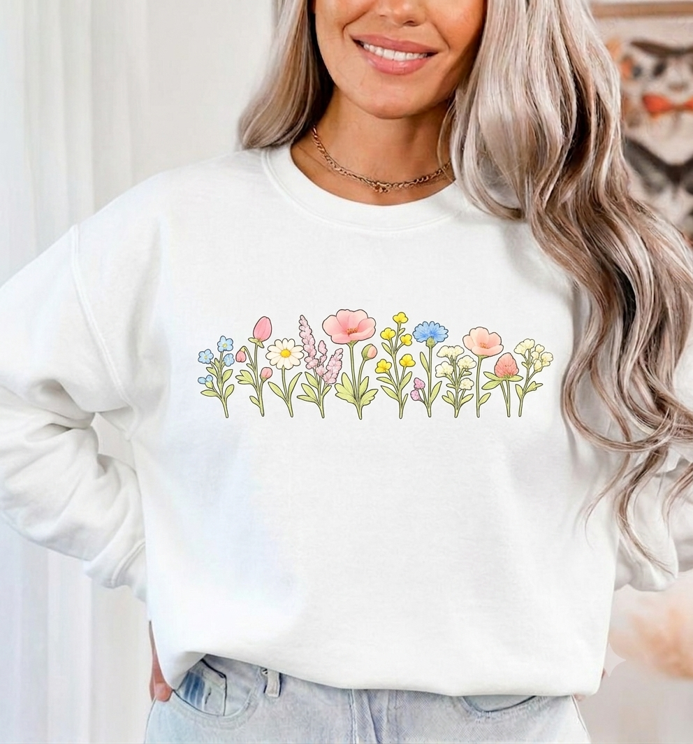 Floral Watercolor Tee — Delicate Wildflower Row Graphic T-Shirt