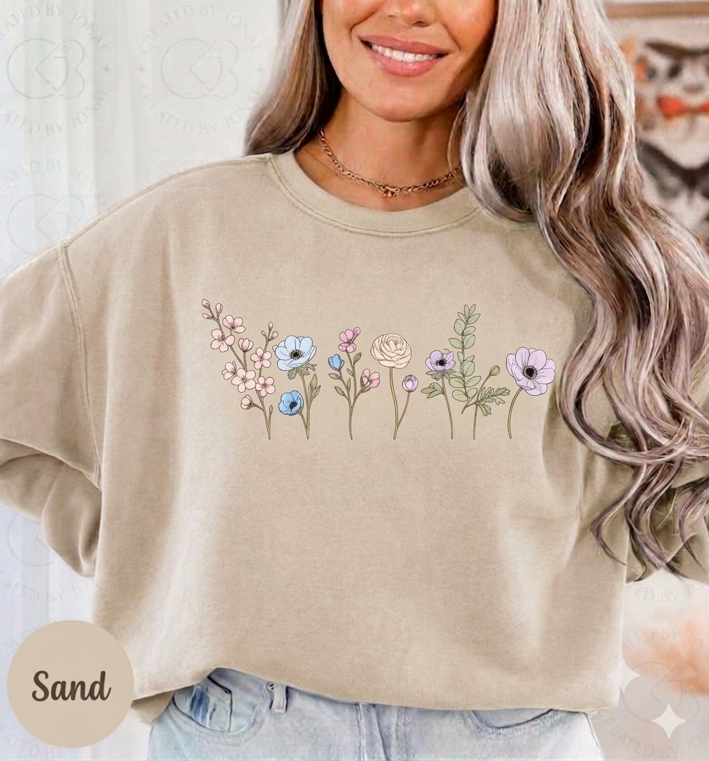 Floral Watercolor Crewneck Sweatshirt — Embroidered Meadow Design