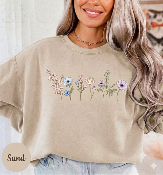 Floral Watercolor Crewneck Sweatshirt — Embroidered Meadow Design