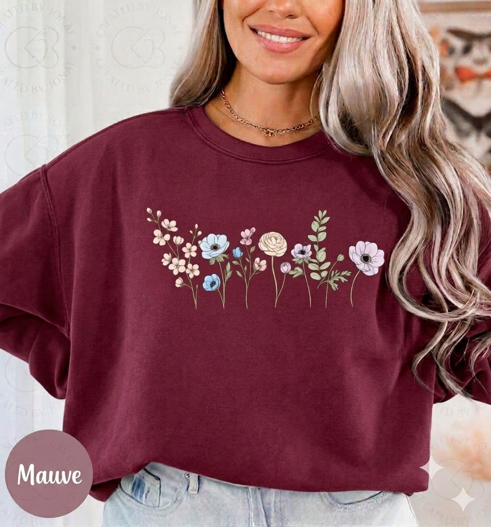 Floral Watercolor Crewneck Sweatshirt — Embroidered Meadow Design