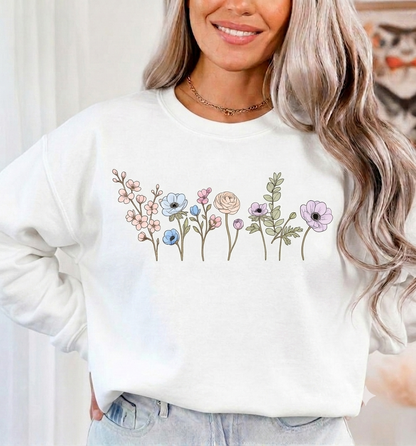 Floral Watercolor Crewneck Sweatshirt — Embroidered Meadow Design