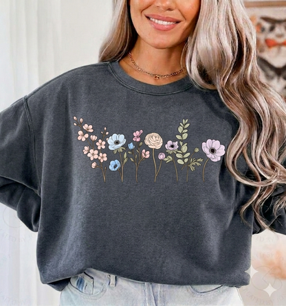Floral Watercolor Crewneck Sweatshirt — Embroidered Meadow Design