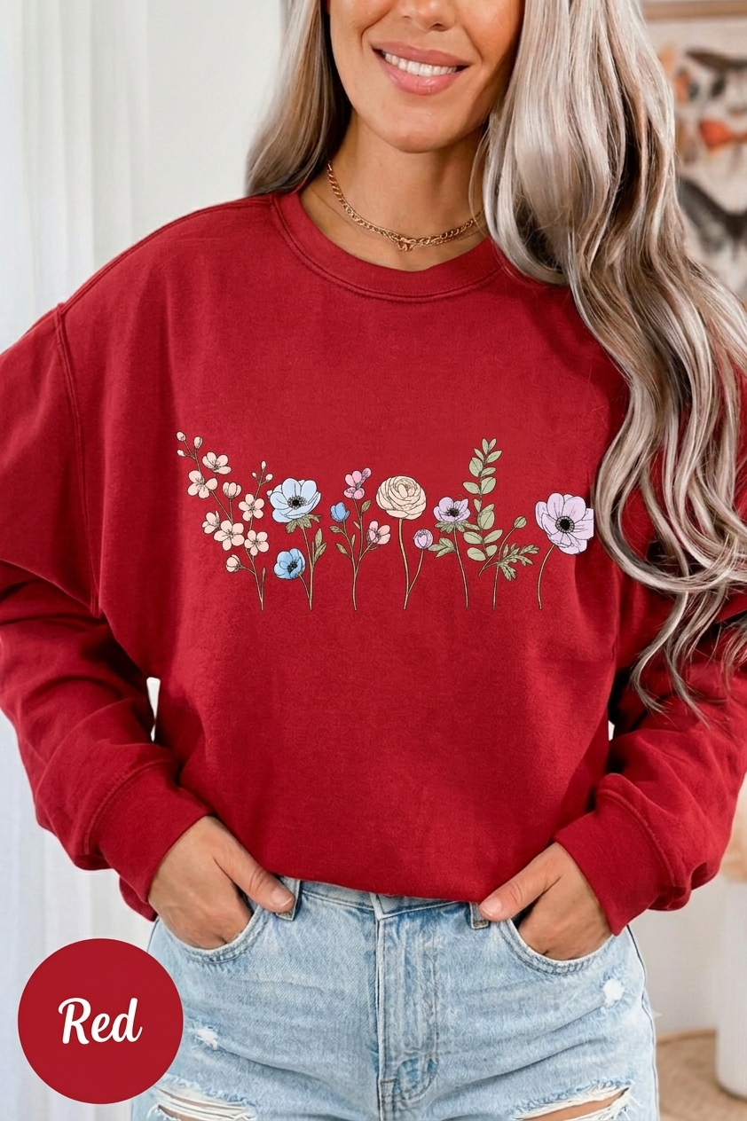 Floral Watercolor Crewneck Sweatshirt — Embroidered Meadow Design